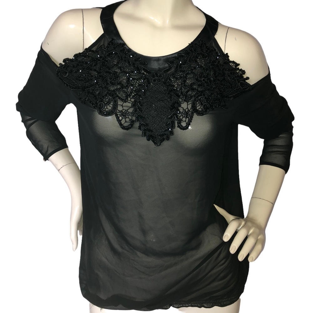 Genese London Black chiffon beaded lace detail Top